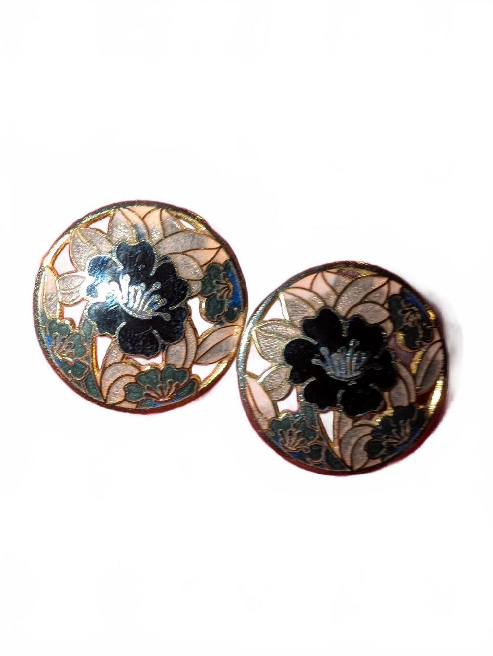 Vintage Cloisonné Floral Round Pin Brooch Set